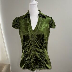 XOXO Shiny Olive Blouse with Ruffle Details